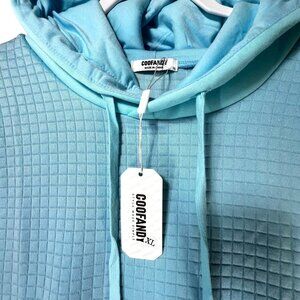 NEW Coofandy XL Light Blue Grid Pattern Hoodie Drawstrings Faux Leather Patch